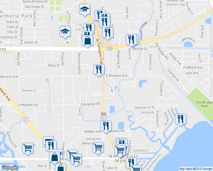 map of restaurants, bars, coffee shops, grocery stores, and more near 100 Crescent Lake Drive in North Fort Myers