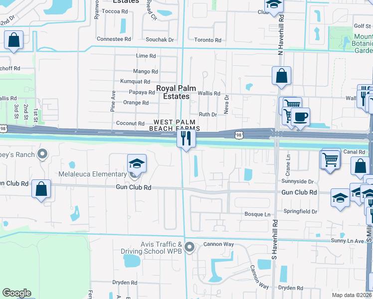 map of restaurants, bars, coffee shops, grocery stores, and more near 33 Plumage Lane in West Palm Beach