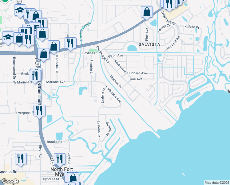 map of restaurants, bars, coffee shops, grocery stores, and more near 176 East Mariana Avenue in North Fort Myers