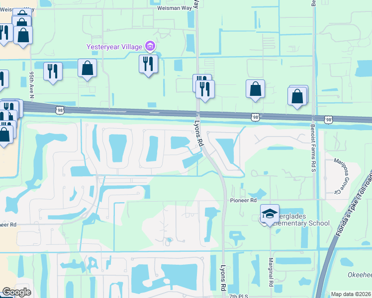 map of restaurants, bars, coffee shops, grocery stores, and more near 8695 Tally Ho Lane in Royal Palm Beach