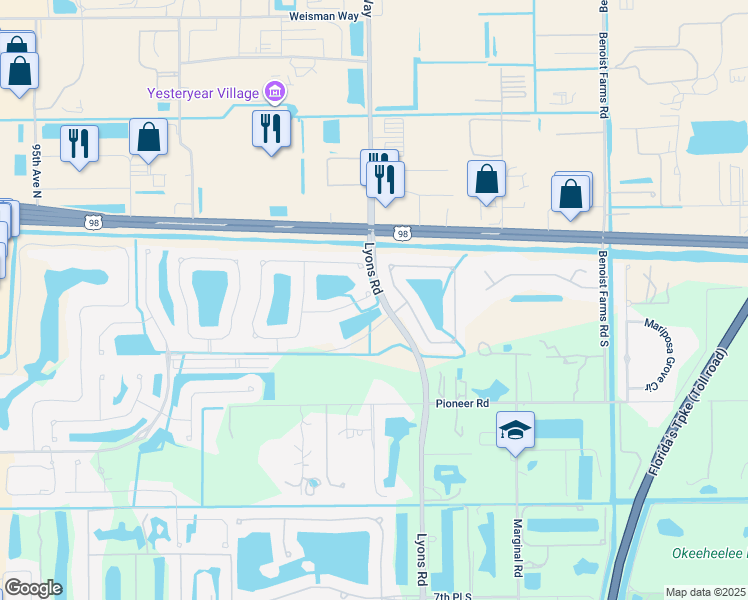 map of restaurants, bars, coffee shops, grocery stores, and more near 8630 Tally Ho Lane in Royal Palm Beach