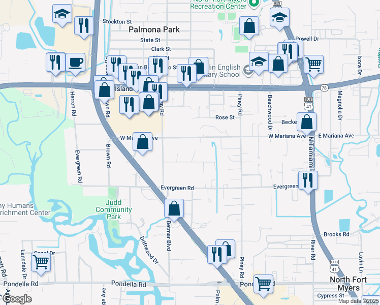map of restaurants, bars, coffee shops, grocery stores, and more near 258 Duncan Lane in North Fort Myers