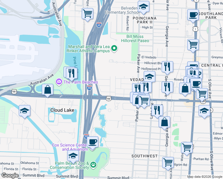 map of restaurants, bars, coffee shops, grocery stores, and more near 3816 Merrill Avenue in West Palm Beach