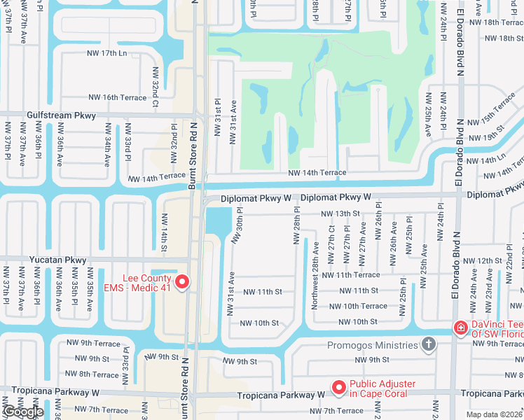 map of restaurants, bars, coffee shops, grocery stores, and more near 2910 Diplomat Parkway West in Cape Coral