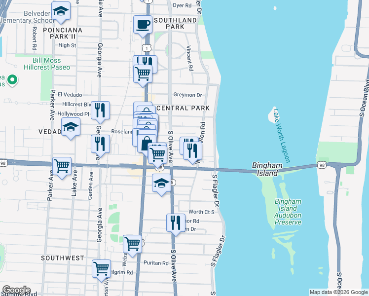 map of restaurants, bars, coffee shops, grocery stores, and more near 246 Lakeland Drive in West Palm Beach