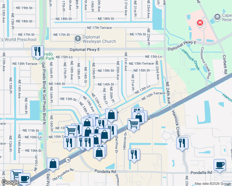 map of restaurants, bars, coffee shops, grocery stores, and more near 1320 Northeast 12th Lane in Cape Coral