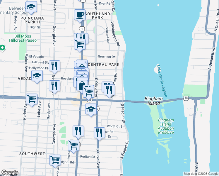 map of restaurants, bars, coffee shops, grocery stores, and more near 214 Lakeland Drive in West Palm Beach