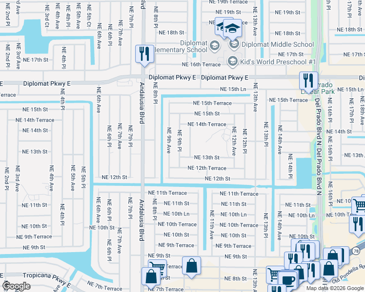 map of restaurants, bars, coffee shops, grocery stores, and more near 1320 Northeast 9th Place in Cape Coral