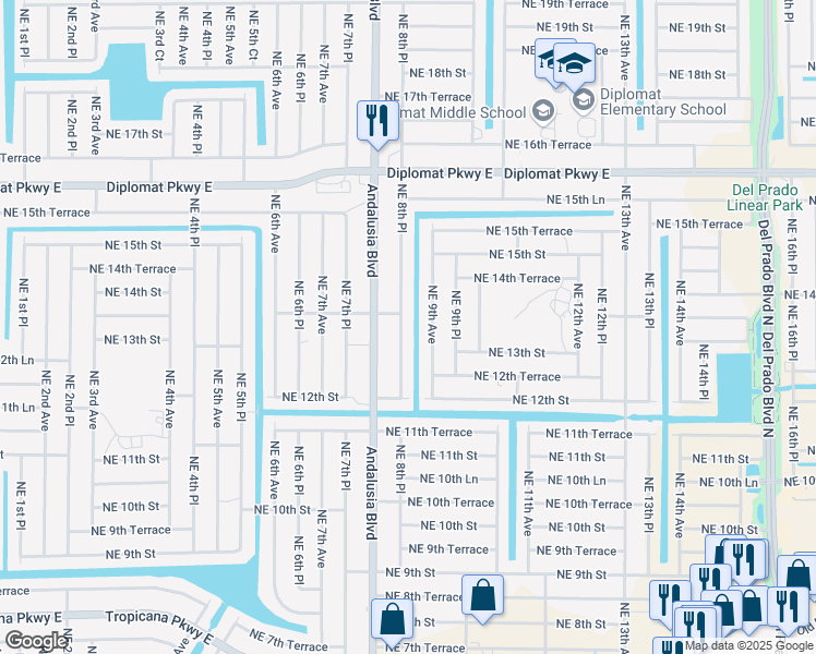 map of restaurants, bars, coffee shops, grocery stores, and more near 1315 Northeast 8th Place in Cape Coral