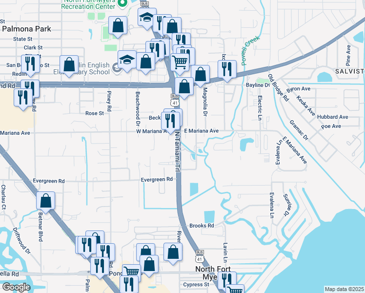 map of restaurants, bars, coffee shops, grocery stores, and more near 1596 North Tamiami Trail in North Fort Myers