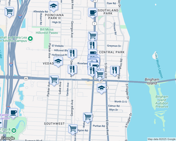 map of restaurants, bars, coffee shops, grocery stores, and more near 3727 South Dixie Highway in West Palm Beach