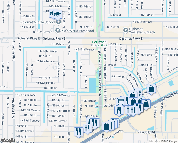 map of restaurants, bars, coffee shops, grocery stores, and more near 1422 Northeast 13th Terrace in Cape Coral