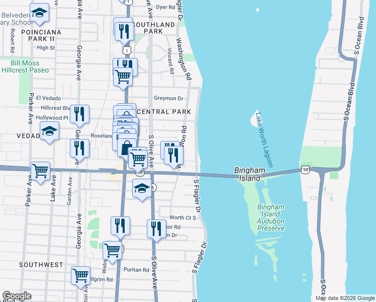 map of restaurants, bars, coffee shops, grocery stores, and more near 3800 Washington Road in West Palm Beach