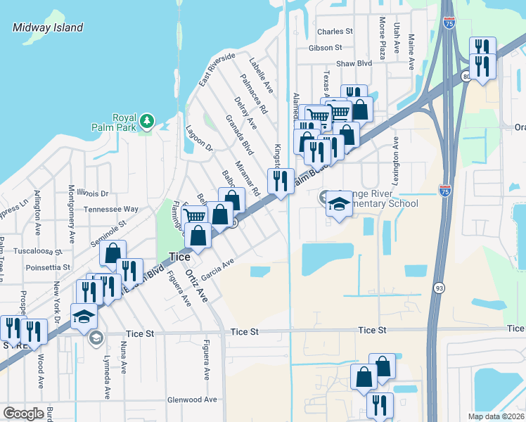 map of restaurants, bars, coffee shops, grocery stores, and more near 4822 Palm Beach Boulevard in Fort Myers