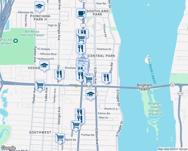 map of restaurants, bars, coffee shops, grocery stores, and more near 246 Lakeland Drive in West Palm Beach