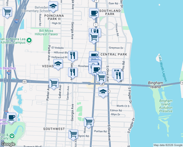 map of restaurants, bars, coffee shops, grocery stores, and more near 3727 South Dixie Highway in West Palm Beach