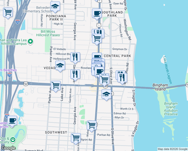 map of restaurants, bars, coffee shops, grocery stores, and more near 3727 South Dixie Highway in West Palm Beach