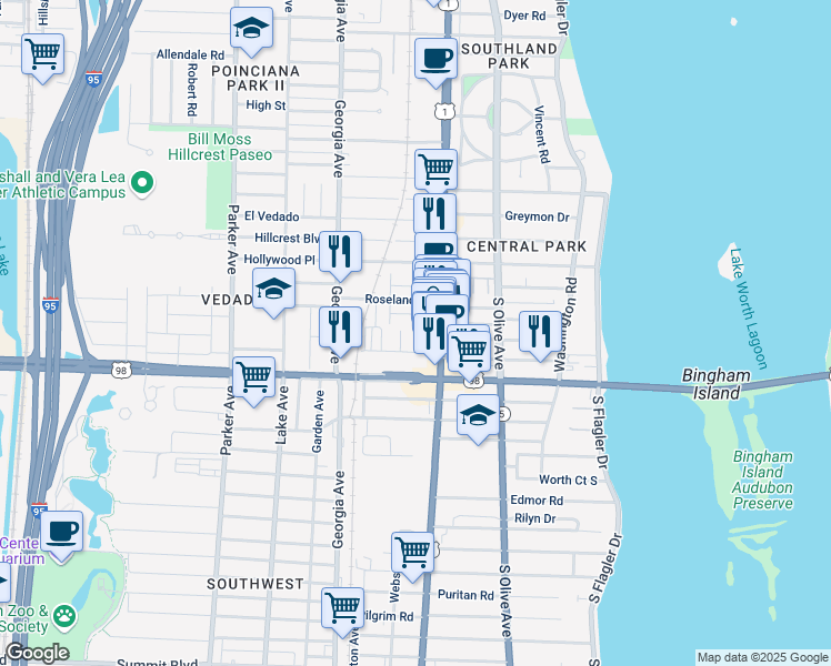 map of restaurants, bars, coffee shops, grocery stores, and more near 3727 South Dixie Highway in West Palm Beach
