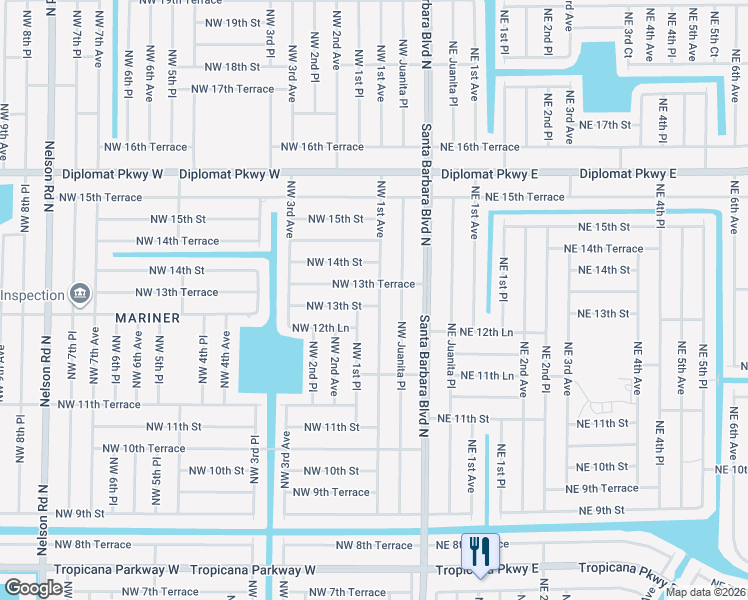 map of restaurants, bars, coffee shops, grocery stores, and more near 101 Northwest 13th Street in Cape Coral
