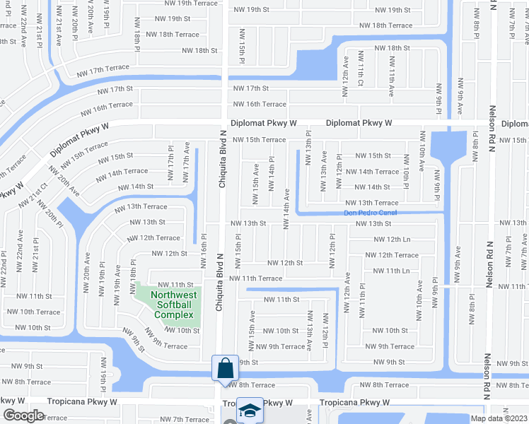 map of restaurants, bars, coffee shops, grocery stores, and more near 1420 Northwest 13th Terrace in Cape Coral