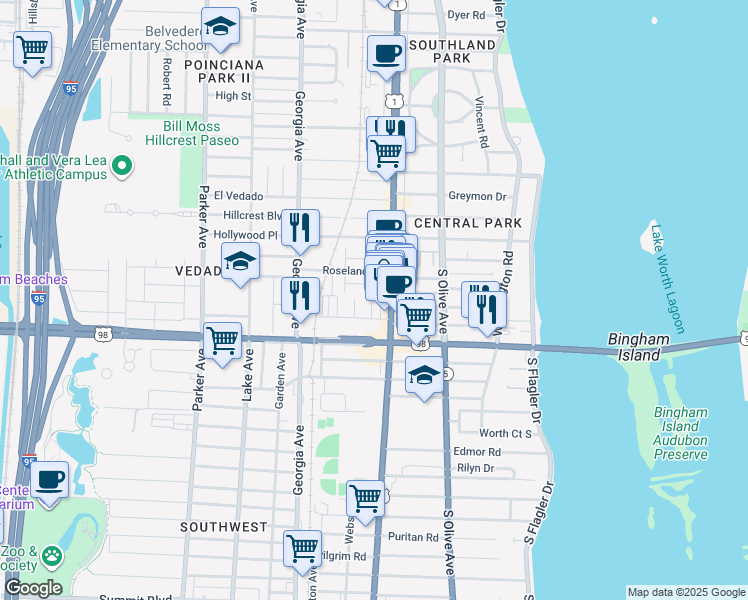 map of restaurants, bars, coffee shops, grocery stores, and more near 3727 South Dixie Highway in West Palm Beach