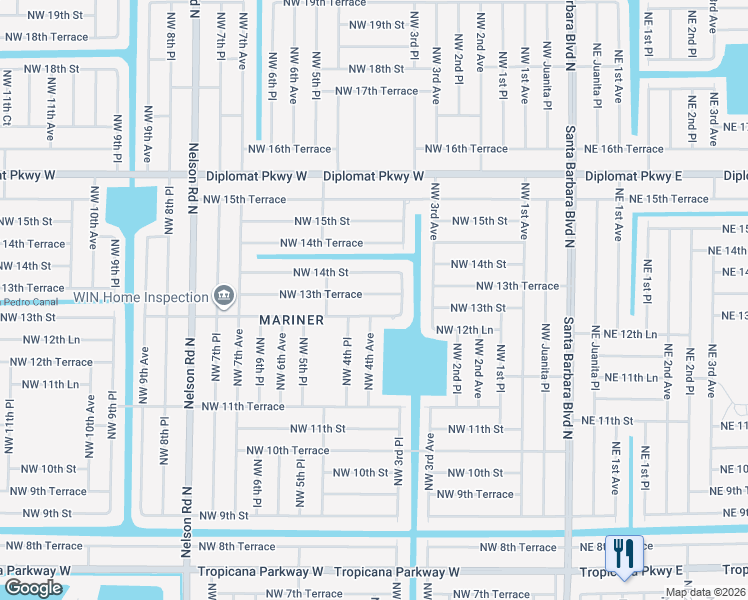 map of restaurants, bars, coffee shops, grocery stores, and more near 324 Northwest 13th Terrace in Cape Coral