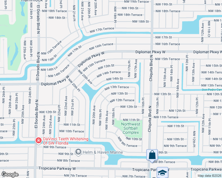 map of restaurants, bars, coffee shops, grocery stores, and more near 1822 Northwest 13th Terrace in Cape Coral