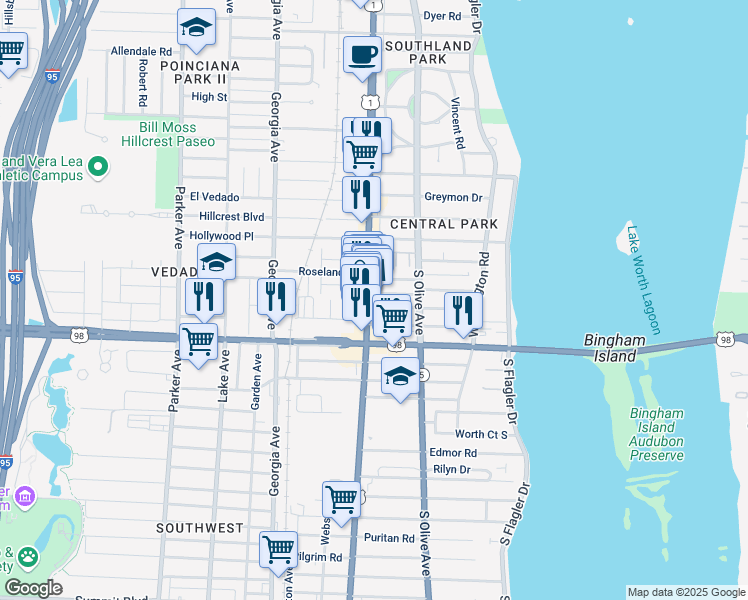 map of restaurants, bars, coffee shops, grocery stores, and more near 3727 South Dixie Highway in West Palm Beach