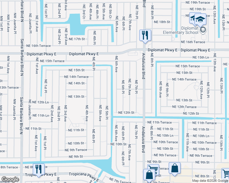 map of restaurants, bars, coffee shops, grocery stores, and more near 1314 Northeast 6th Avenue in Cape Coral