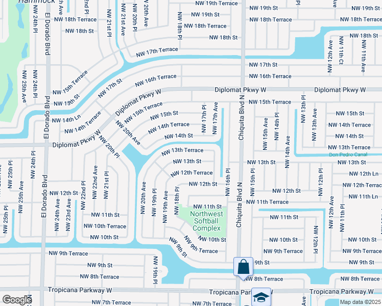 map of restaurants, bars, coffee shops, grocery stores, and more near 1728 Northwest 13th Terrace in Cape Coral