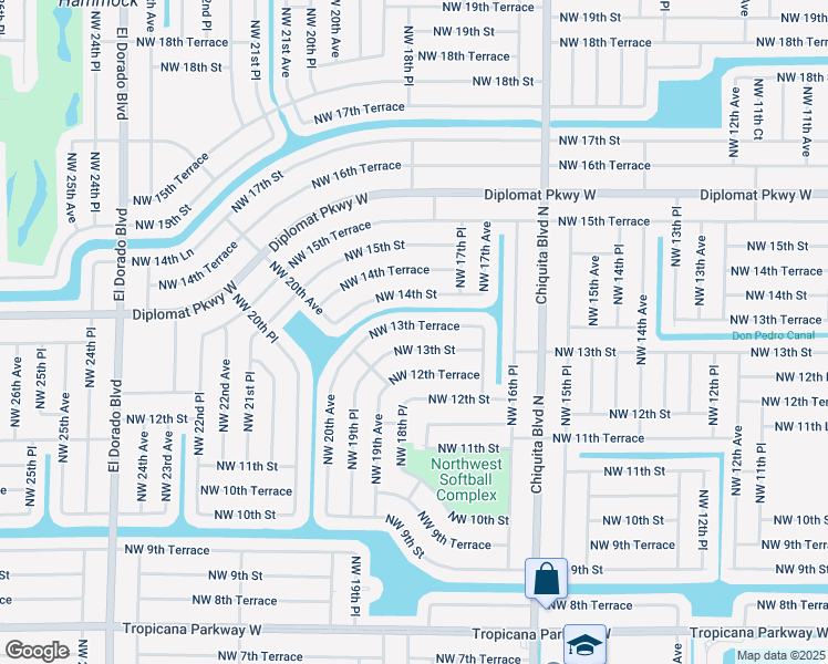 map of restaurants, bars, coffee shops, grocery stores, and more near 1728 Northwest 13th Terrace in Cape Coral
