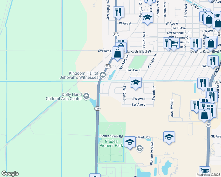 map of restaurants, bars, coffee shops, grocery stores, and more near 741 Southwest 14th Street in Belle Glade