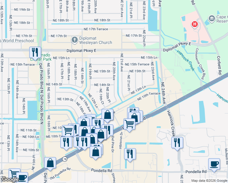 map of restaurants, bars, coffee shops, grocery stores, and more near 1320 Northeast 12th Lane in Cape Coral