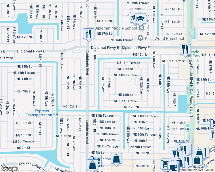 map of restaurants, bars, coffee shops, grocery stores, and more near 1320 Northeast 9th Place in Cape Coral