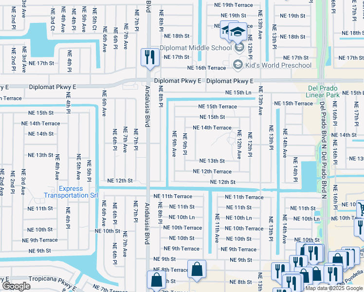 map of restaurants, bars, coffee shops, grocery stores, and more near 1320 Northeast 9th Place in Cape Coral
