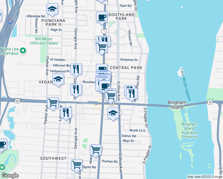 map of restaurants, bars, coffee shops, grocery stores, and more near 312 Central Drive in West Palm Beach