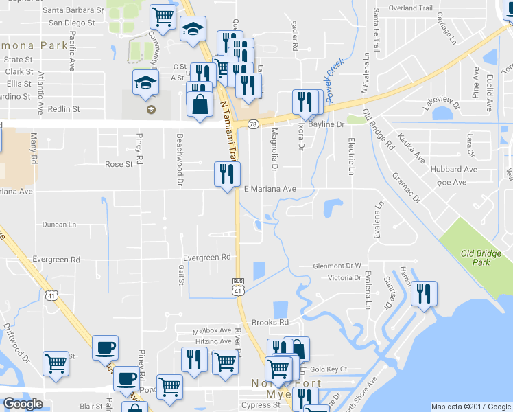 map of restaurants, bars, coffee shops, grocery stores, and more near 100 Crescent Lake Drive in North Fort Myers