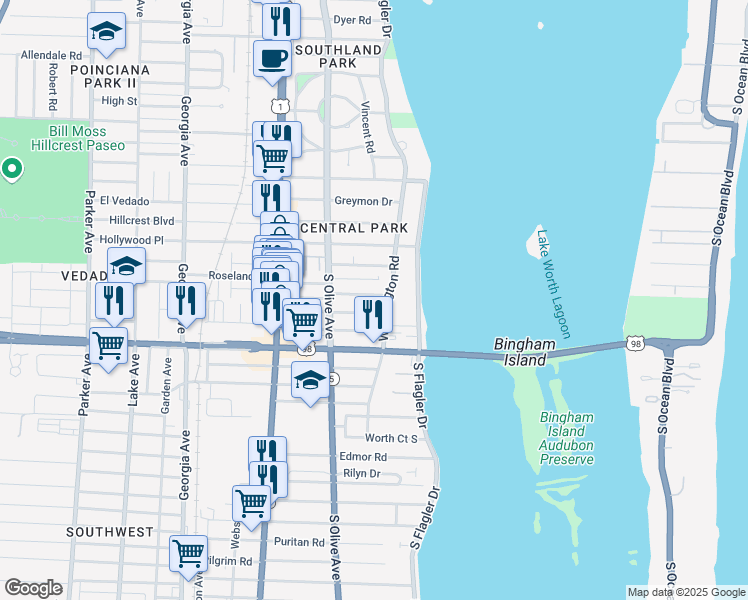 map of restaurants, bars, coffee shops, grocery stores, and more near 214 Lakeland Drive in West Palm Beach