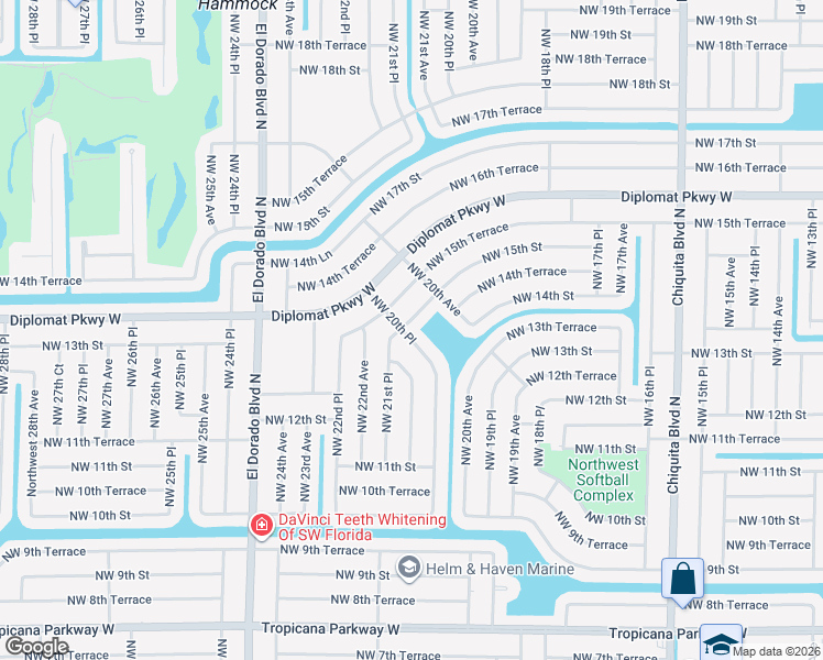 map of restaurants, bars, coffee shops, grocery stores, and more near 1301 Northwest 20th Court in Cape Coral