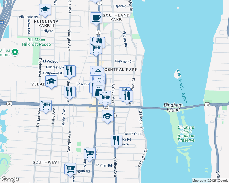 map of restaurants, bars, coffee shops, grocery stores, and more near 246 Lakeland Drive in West Palm Beach