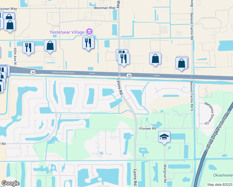 map of restaurants, bars, coffee shops, grocery stores, and more near 8655 Tally Ho Lane in Royal Palm Beach