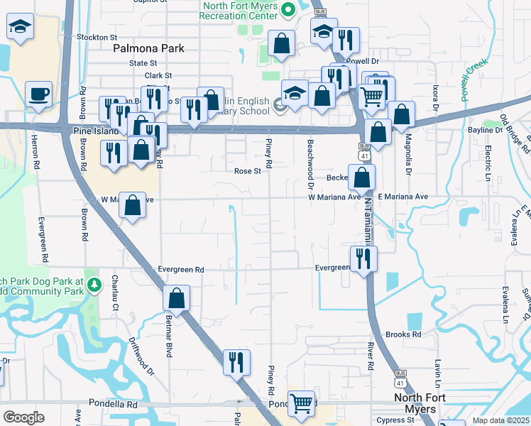 map of restaurants, bars, coffee shops, grocery stores, and more near 1527 Piney Rd in North Fort Myers
