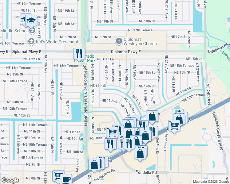 map of restaurants, bars, coffee shops, grocery stores, and more near 1805 Northeast 13th Terrace in Cape Coral