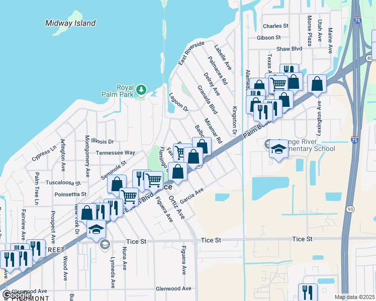 map of restaurants, bars, coffee shops, grocery stores, and more near 333 Bellair Road in Fort Myers