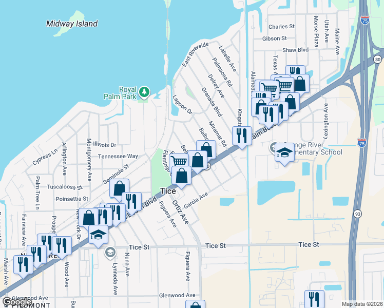map of restaurants, bars, coffee shops, grocery stores, and more near 333 Bellair Road in Fort Myers