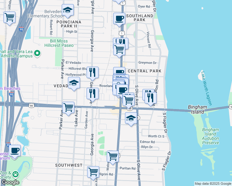 map of restaurants, bars, coffee shops, grocery stores, and more near 3727 South Dixie Highway in West Palm Beach