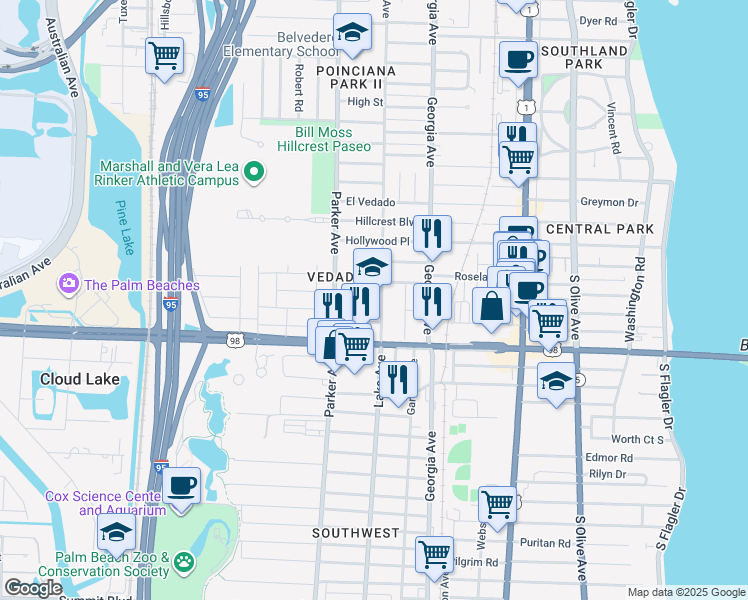 map of restaurants, bars, coffee shops, grocery stores, and more near 3630 Parker Avenue in West Palm Beach