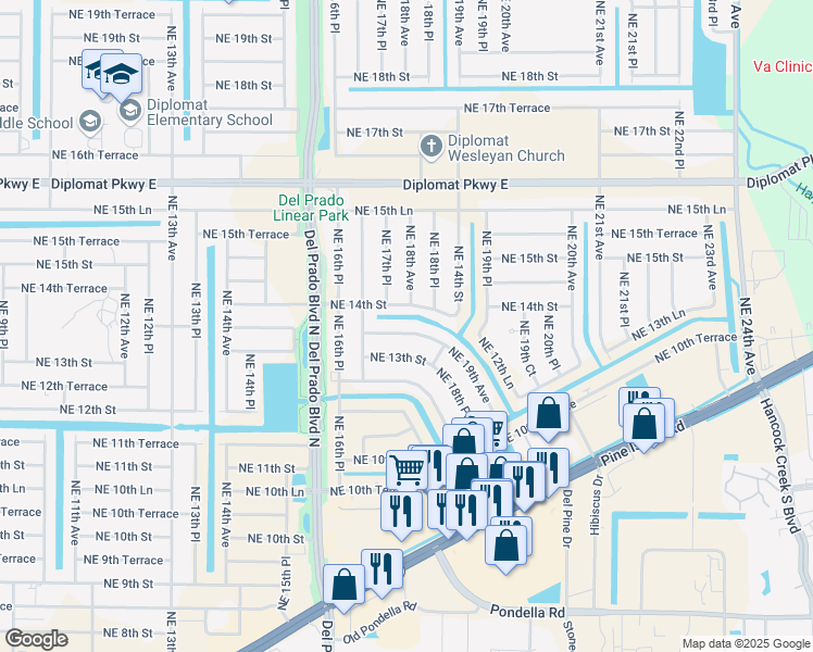 map of restaurants, bars, coffee shops, grocery stores, and more near 1723 Northeast 13th Terrace in Cape Coral