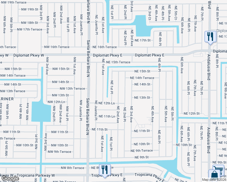 map of restaurants, bars, coffee shops, grocery stores, and more near 1313 Northeast 1st Place in Cape Coral