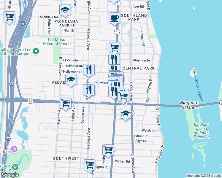 map of restaurants, bars, coffee shops, grocery stores, and more near 3727 South Dixie Highway in West Palm Beach